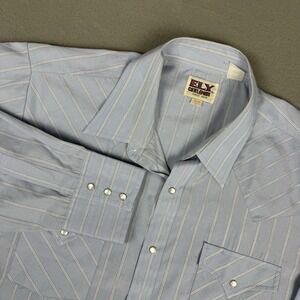 VTG Ely Cattleman Western Shirt Mens 17 1/2 XL Pearl Snap Blue White Stripe‎